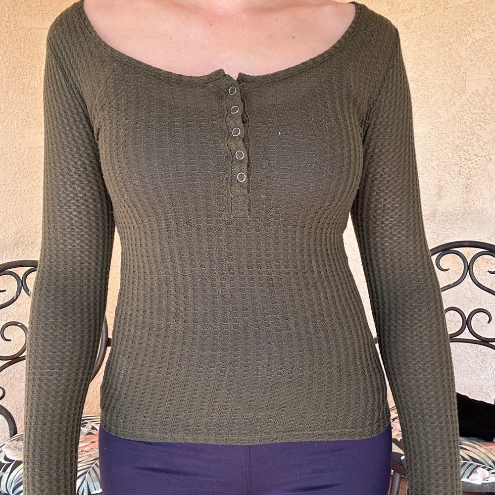 SHEIN Olive Ribbed Henley Long Sleeve Top